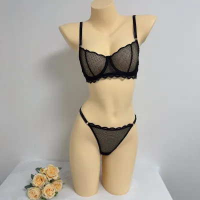 Women Fashion Sexy Solid Color Hollow Perspective Push-Up Bra Underpants Set