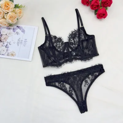 Women Fashion Sexy Solid Color Steel Ring Lace Embroidered Bra Underpants Set