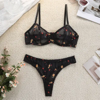 Women Sexy Love Printed Mesh Hollow Breathable Soft Steel Ring Ultra-Thin Bra Set