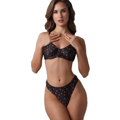 Women Sexy Love Printed Mesh Hollow Breathable Soft Steel Ring Ultra-Thin Bra Set