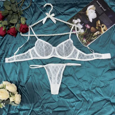 Women Fashion Sexy Solid Color Mesh Bow Steel Ring Bra Set