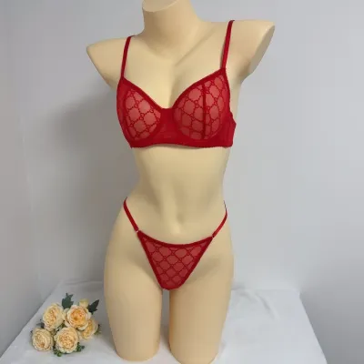 Women Fashion Sexy Solid Color Mesh Bow Steel Ring Bra Set