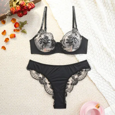 Women Sexy Transparent Lace Embroidery Steel Ring Gathered Bra Panties Set