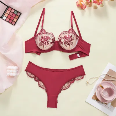 Women Sexy Transparent Lace Embroidery Steel Ring Gathered Bra Panties Set