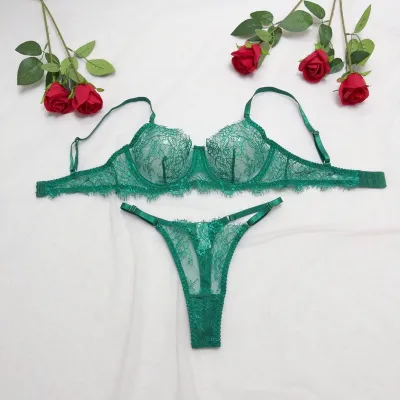 Women Fashion Sexy Solid Color Lace Hollow Bra Underpants Set