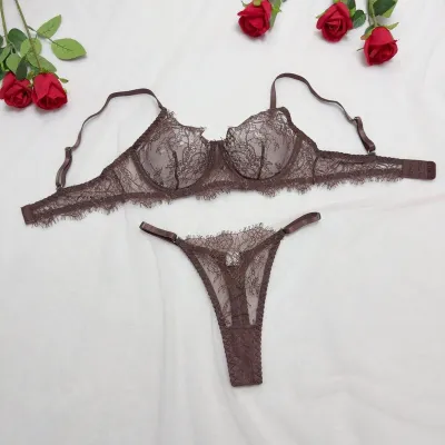 Women Fashion Sexy Solid Color Lace Hollow Bra Underpants Set