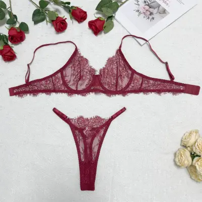 Women Fashion Sexy Solid Color Lace Hollow Bra Underpants Set