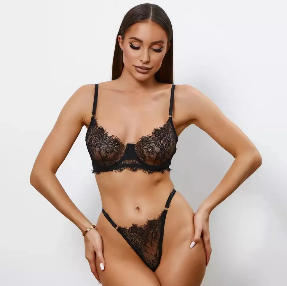 Women Fashion Sexy Solid Color Lace Hollow Bra Underpants Set