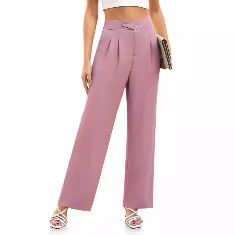 Women Fashion Casual Solid Color High Waist Wide Leg Pants