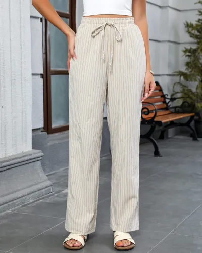 Women Casual Cotton Linen Blend Wide-Leg Pants with Pocket