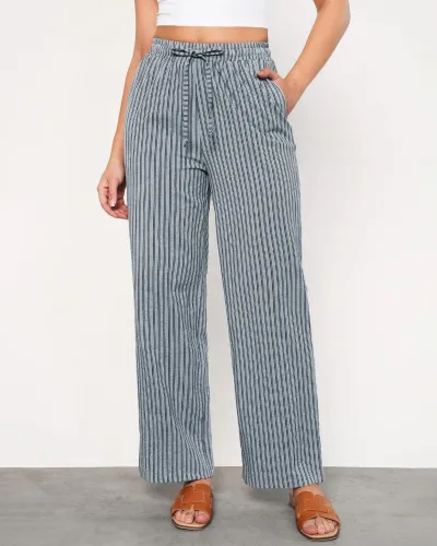 Women Casual Cotton Linen Blend Wide-Leg Pants with Pocket