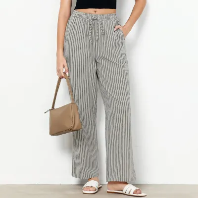 Women Casual Cotton Linen Blend Wide-Leg Pants with Pocket