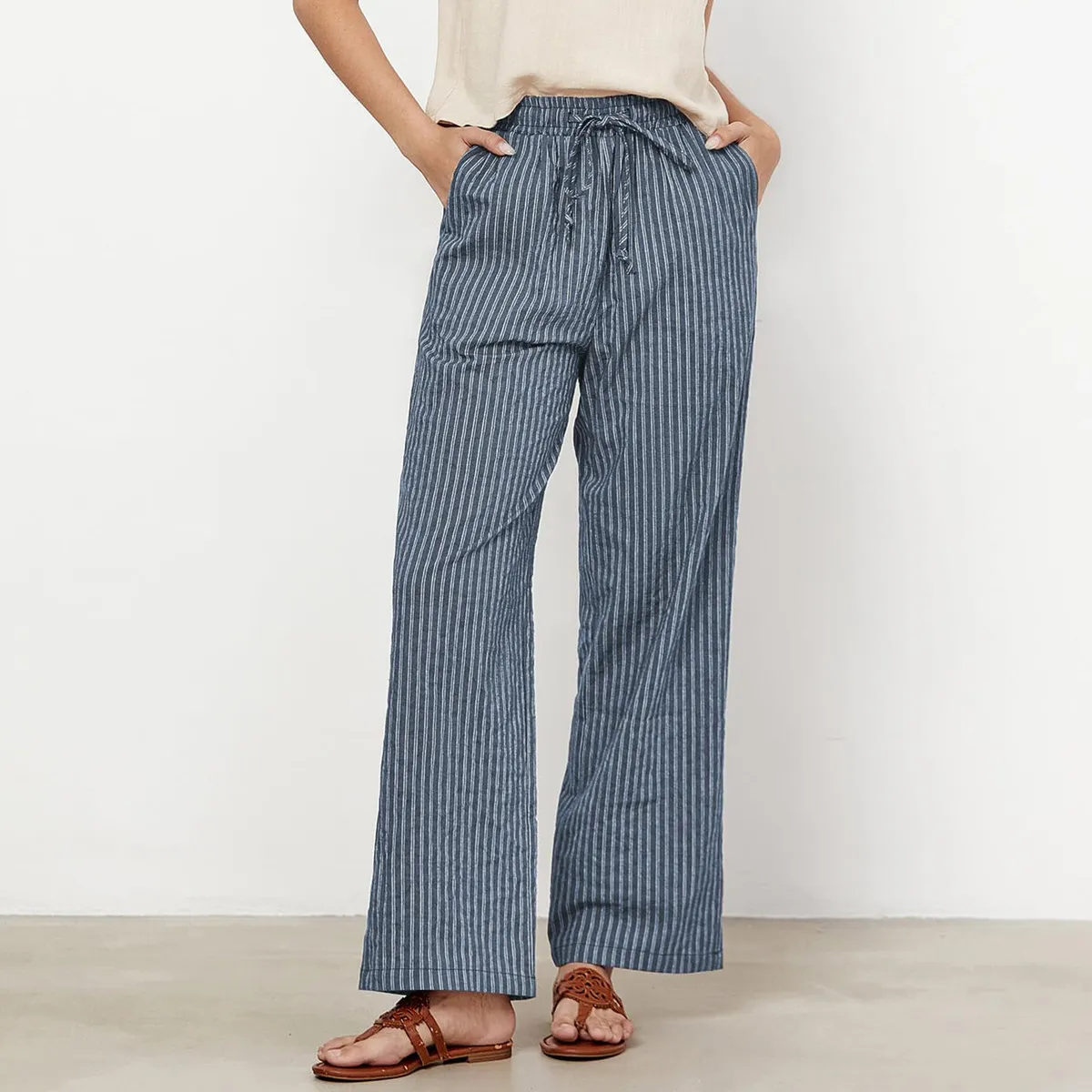 Women Casual Cotton Linen Blend Wide-Leg Pants with Pocket