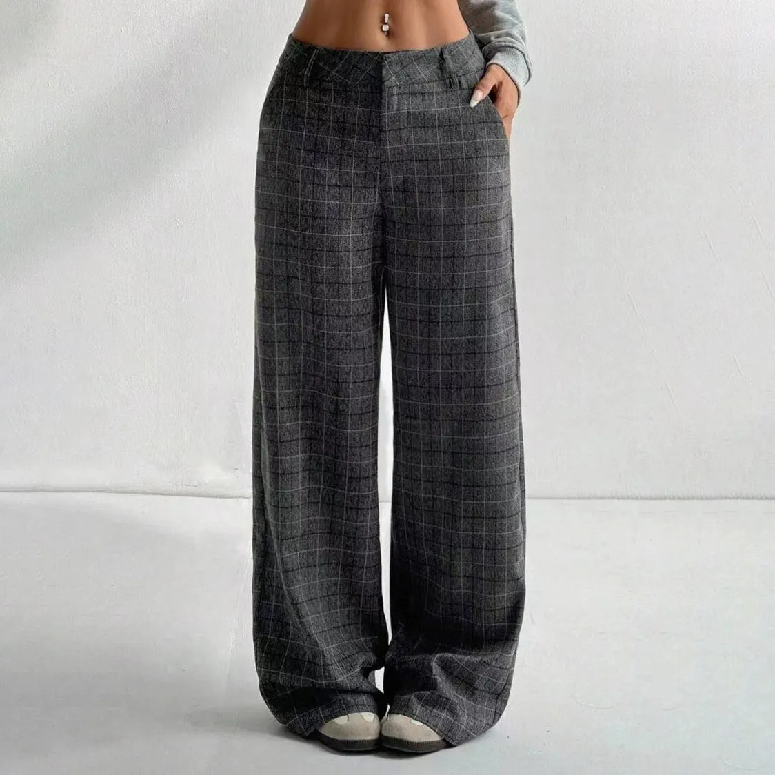 Women Casual Plaid Pocket Loose Pants