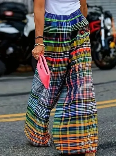 Women Fashion Casual Plaid Printed High Waist Wide Leg Pants