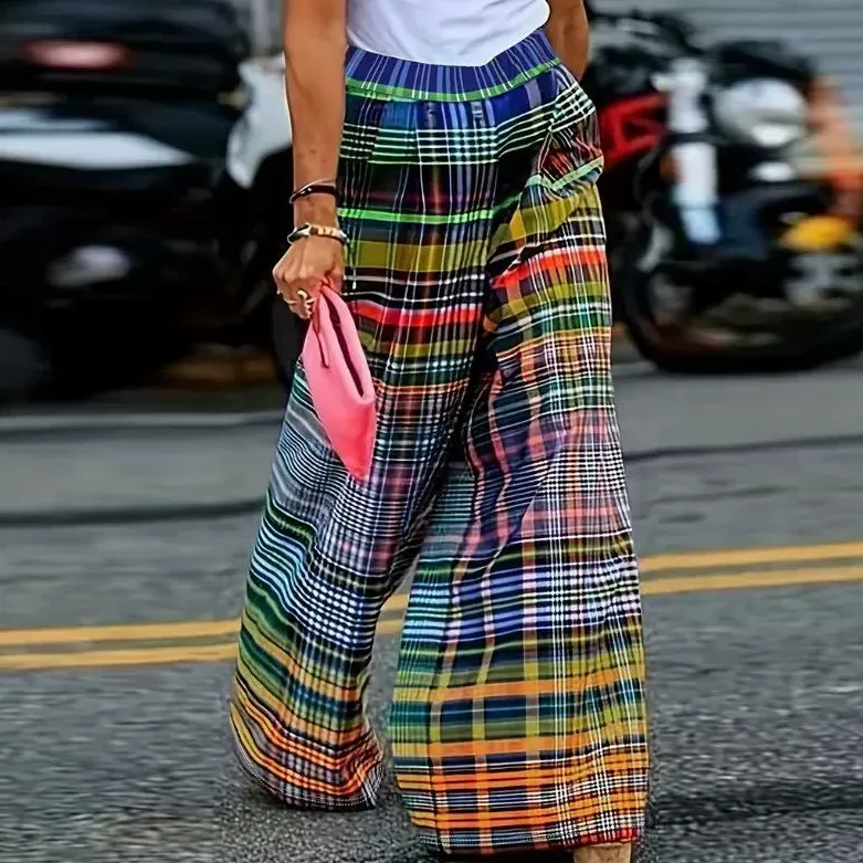 Women Fashion Casual Plaid Printed High Waist Wide Leg Pants