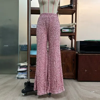 Women Casual Solid Color Sequins High Waist Wide Leg Pants
