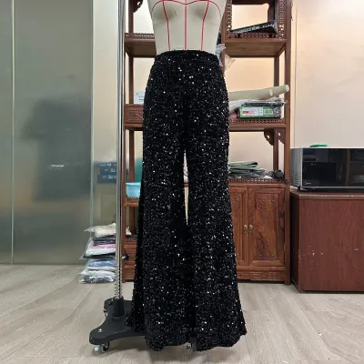 Women Casual Solid Color Sequins High Waist Wide Leg Pants