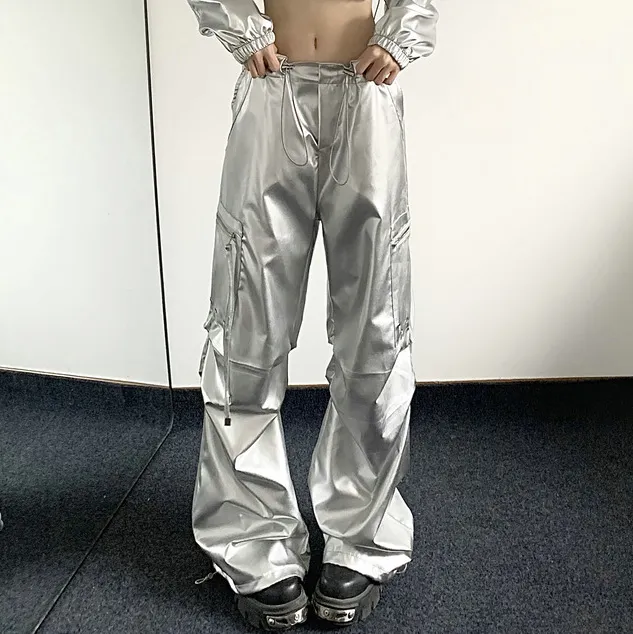 Women Fashion Casual Silver Big Pocket Drawstring High Waist Wide Leg Pants
