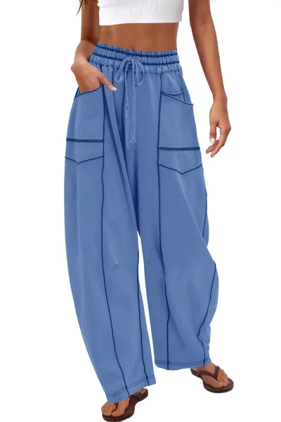 Women Fashion Casual Solid Color High Waist Loose Wide Leg Pants