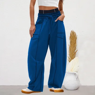 Women Fashion Casual Solid Color High Waist Loose Wide Leg Pants