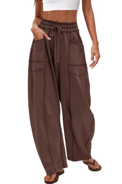 Women Fashion Casual Solid Color High Waist Loose Wide Leg Pants