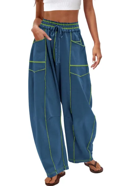Women Fashion Casual Solid Color High Waist Loose Wide Leg Pants
