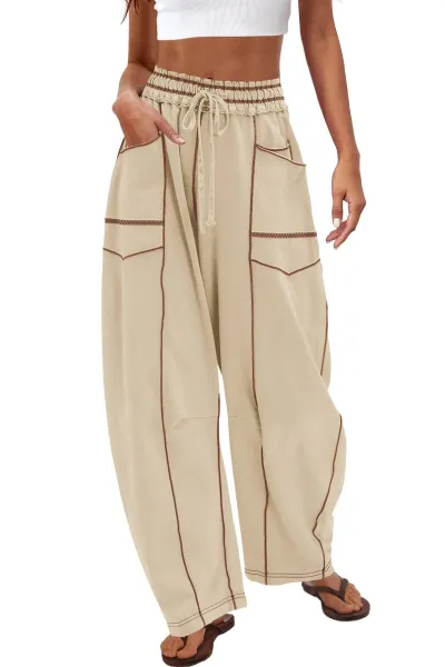 Women Fashion Casual Solid Color High Waist Loose Wide Leg Pants
