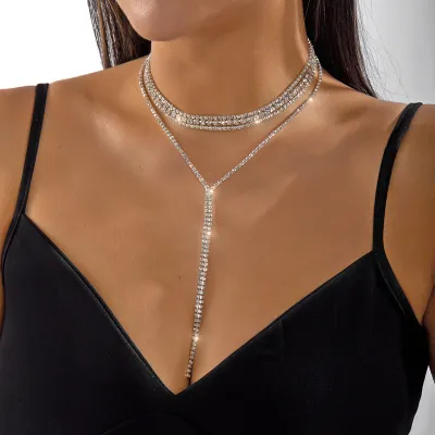 Women Fashion Sexy Y-Shaped Rhinestone Tassel Long Copper Necklace
