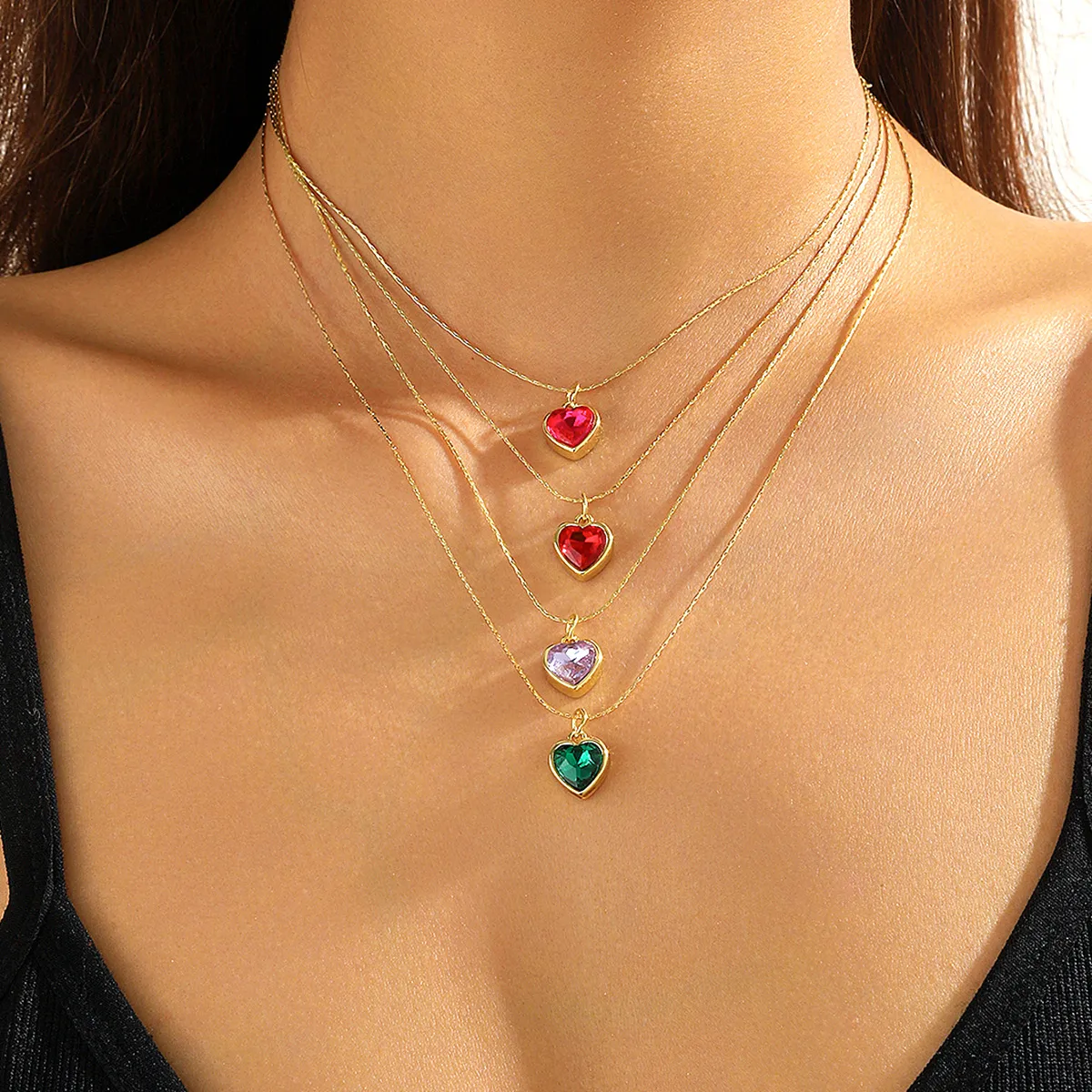 Women Fashion Simple Zircon Heart-Shaped Alloy Cross Chain Necklace