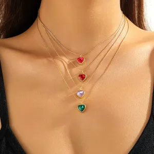 Women Fashion Simple Zircon Heart-Shaped Alloy Cross Chain Necklace