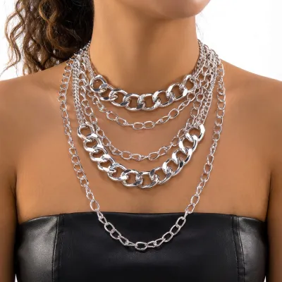 Women Fashion Multi-Layer Stacked Clavicle Chain Necklace Geometric Zinc Alloy