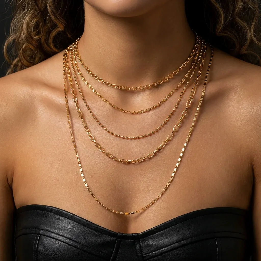 Women Fashion Multi-Layer Stacked Clavicle Chain Necklace Geometric Zinc Alloy