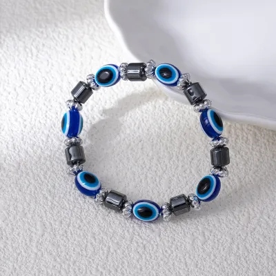 Women's Fashion Evil Eye Beaded Black Gallstone Elastic Bracelet