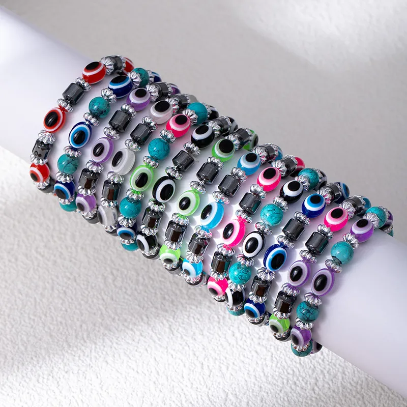 Women's Fashion Evil Eye Beaded Black Gallstone Elastic Bracelet