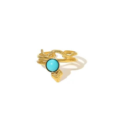 Women Fashion Plating 18k Gold Snake Turquoise Opening Ring