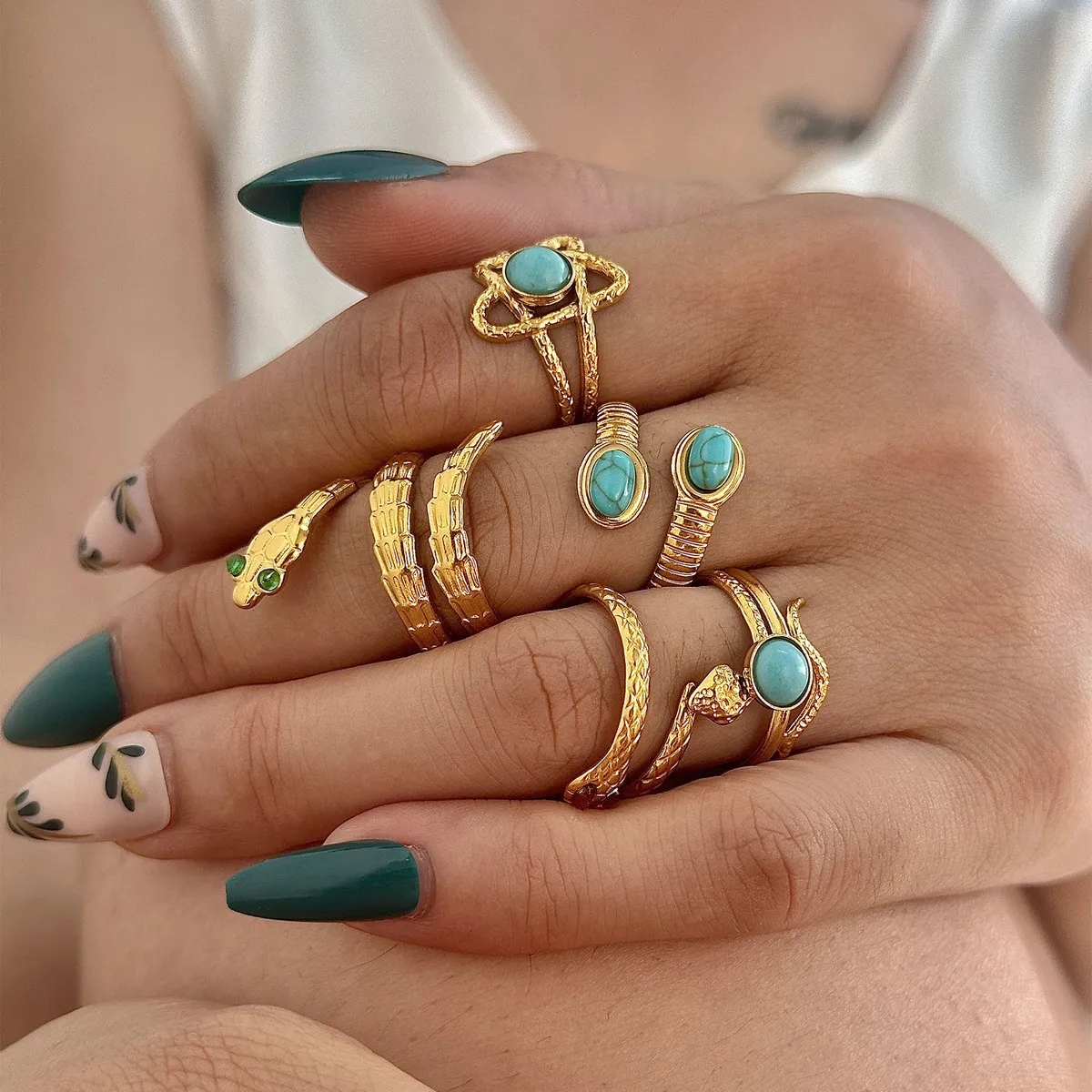 Women Fashion Plating 18k Gold Snake Turquoise Opening Ring