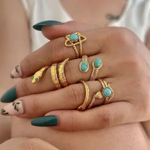 Women Fashion Plating 18k Gold Snake Turquoise Opening Ring