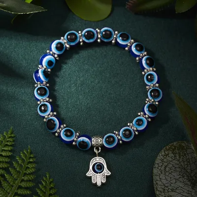 Women Fashion Boho Creative Palm Eye Devil'S Eye Elastic Beaded Bracelet Jewelry