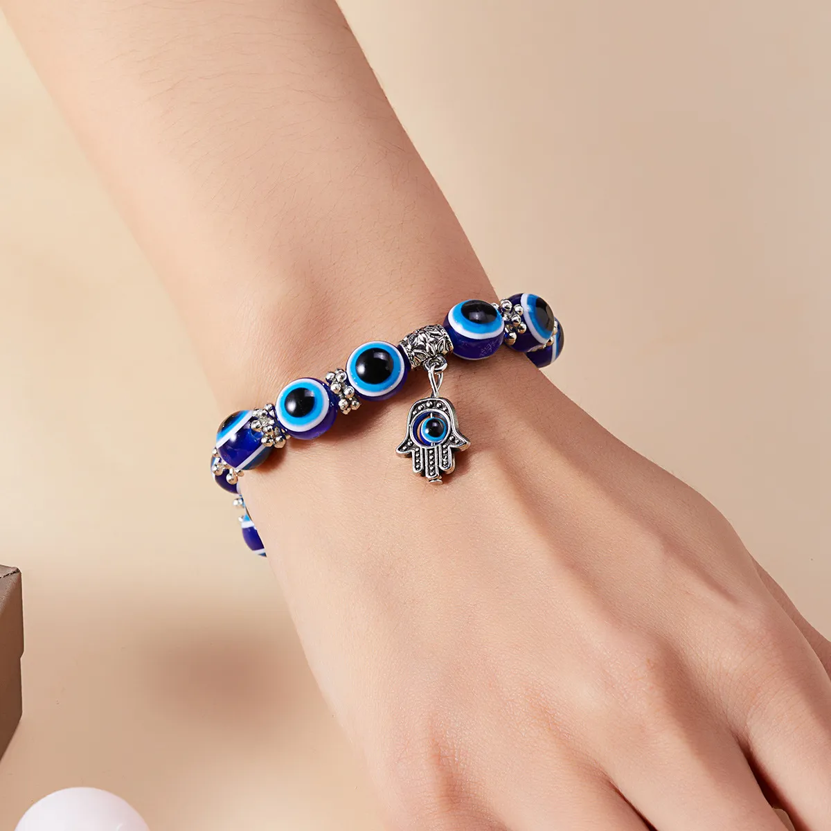 Women Fashion Boho Creative Palm Eye Devil'S Eye Elastic Beaded Bracelet Jewelry