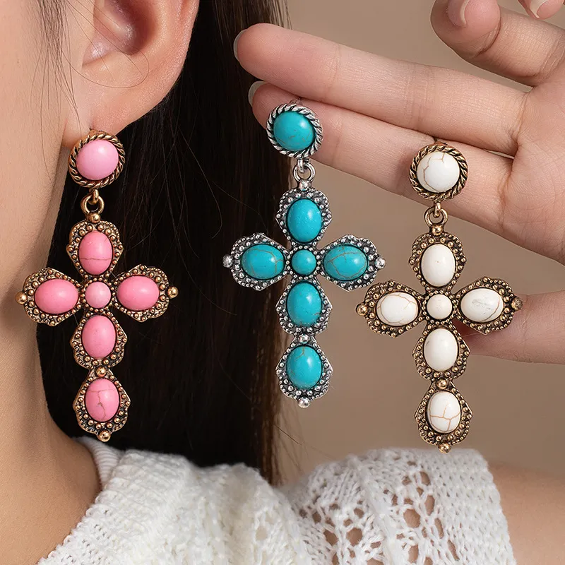 Women Fashion Boho Oval Turquoise Cross Earrings Jewelry
