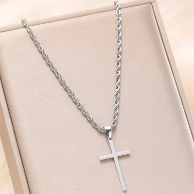 Women Fashion Simple Stainless Steel Cross Twist Chain Pendant Necklace