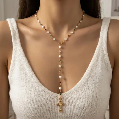 Women Fashion Love Pearl Cross Y-Shaped Chain Necklace