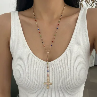 Women Fashion Love Pearl Cross Y-Shaped Chain Necklace