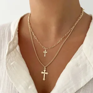 Women's Fashion Exaggerated Multi-Layer Alloy O-Chain Cross Pendant Necklace