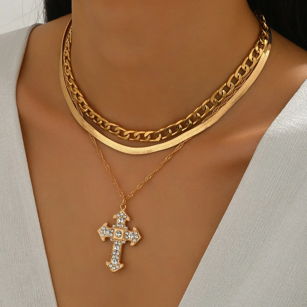 Women Fashion Multi-Layer Stacked Gold Alloy Cross Pendant Necklace Jewelry