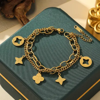 Women's Fashion Hollow-Out Four-Leaf Clover Tassel Bracelet Titanium Steel Jewelry
