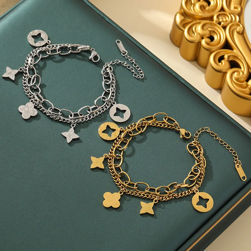 Women's Fashion Hollow-Out Four-Leaf Clover Tassel Bracelet Titanium Steel Jewelry