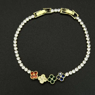 Women Fashion Zircon Four-Leaf Clover Floral Chain Bracelet Jewelry
