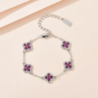Women Elegant Four-Leaf Clover Zircon Floral Bracelet Jewelry